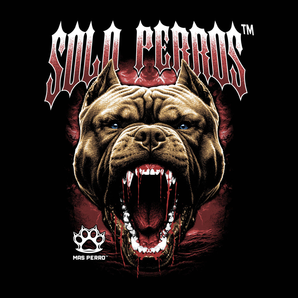 Dog with open mouth and visible teeth on a dark background with 'SOLD PERROS' text above.