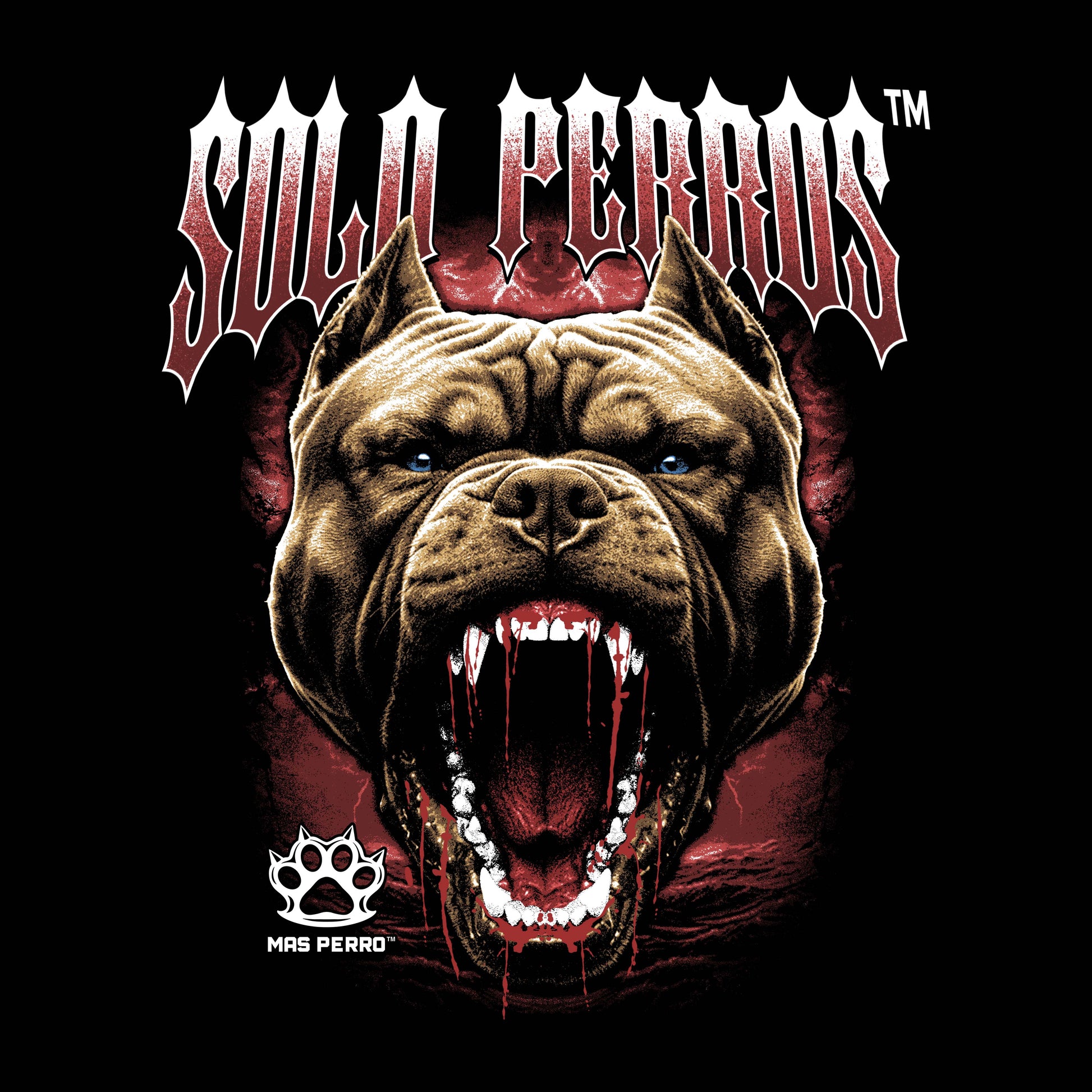 Dog with open mouth and visible teeth on a dark background with 'SOLD PERROS' text above.